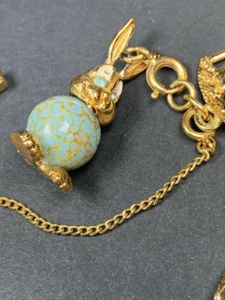 Signed Monet Vintage Bracelet 7.  5” Gold Tone Turquoise Bunny Rabbit Safety Chain 2