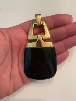 Vintage Crown Trifari Signed Large Gold Tone Black Plastic Pendant Jewelry