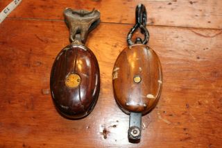 Vintage 3 Wooden Maritime Double Pulleys Brass And Wood