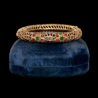Antique Vintage Nouveau 9k Gold Mughal Emerald Hinged Wedding Bangle Bracelet