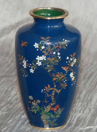 Fine Japanese Cloisonne Vase With Flowering Branches And Gold Wire Birds