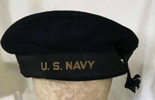 Vintage Wwii Us Navy Wool Sailors Cracker Jack Flat Hat Cap