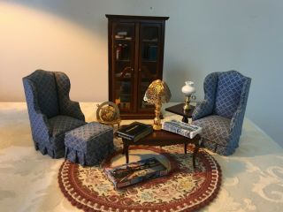 Vintage Wooden Dollhouse Furniture - Living Room Set - Chairs And Real Bookcase