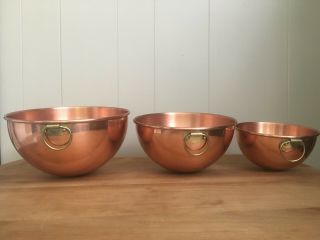 Vintage 3pc Graduated Solid Copper Candy Kettles Round Bottom Nest Bowls