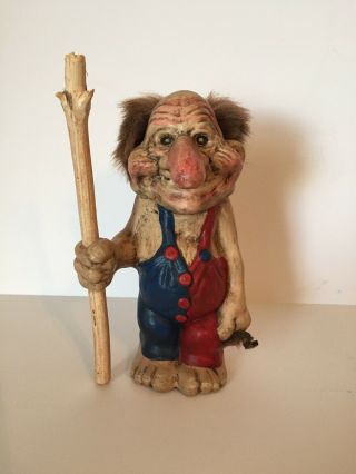 Norwegian Troll Vintage Man W/ Walking Stick Overalls Red & Blue Ceramic