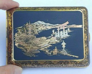 Vintage Japanese Cigarette Case Damascene 24k Gold Mixed Metal Inlay Landscapes