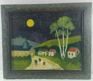Vintage Folk Art Wooden Framed Signed Painting Night Village Scene 
