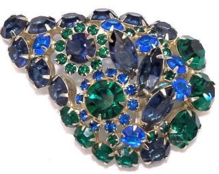 Stunning 2 5/8 " Vtg Juliana Style Sapphire Emerald Glass Rhinestone Brooch Nm98