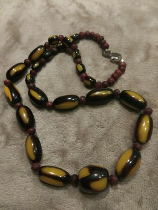Vintage French Bakelite Overdye Chocolate Butterscotch Bead Flapper Necklace 28 "