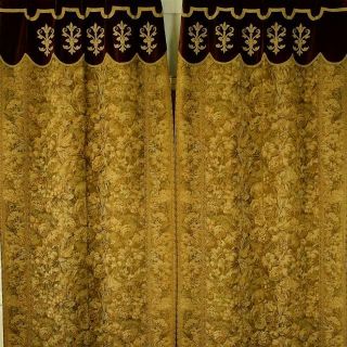 Fabulous Pair Long Antique French Tapestry & Velvet Chateau Curtains / Drapes
