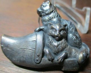 1940s French " Cats In A Wooden Shoe " Realistic Vintage Antique Metal Button