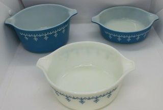 Pyrex Cinderella Nesting Bowls Snowflake Blue Garland Set Of 3 Vintage 2