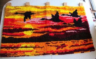 Vintage 70s Latch Hook Rug Wall Hanging Tapestry Art Sunset Geese Boho Groovy 30