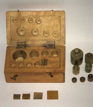 Vintage Apothecary Brass Balance Scale Set Weights Wood Box Grammes Gram