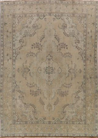Vintage Muted Beige Tan Distressed Area Rug Oriental Hand - Knotted Wool 9 