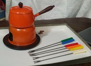 Vintage Fondue Pot Set Complete Blaze Orange Red Mcm Retro Made Japan