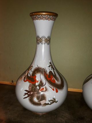 Fine Pair Antique Japanese Cloisonne Dragon Vases Gray Background