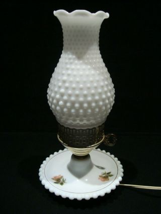 Vintage Milk Glass Hobnail Hurricane Lamp With Hand Painted Pink Roses Base