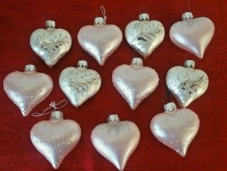 11 Vintage Puffy Heart Satin Glass Christmas Tree Ornaments Pink White W Germany