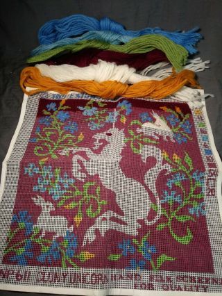 Vintage Cluny Unicorn Unfinished Needlepoint Tapestry And Yarn 12x12