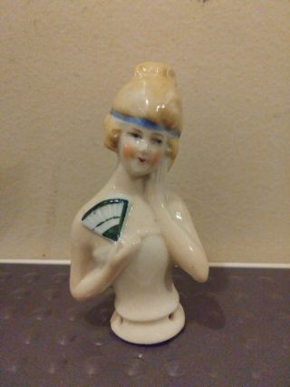 Vintage German Porcelain Pin Cushion Half Doll With Ribbon And Fan 3 1/4 " Tall