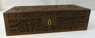 Antique Asian Chenese Hand Carved Wood Trinket Or Jewelry Box Signed