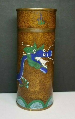 Antique Vintage Chinese Cloisonne Bronze Dragon Cylinder Lidded Box Case 6.  25 "