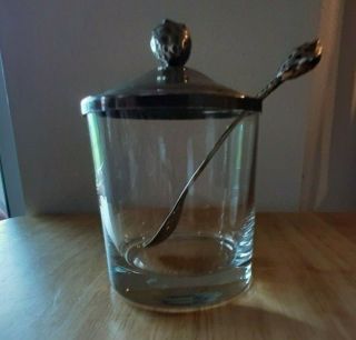 Vintage Godinger Glass Sugar Bowl & Silver Plate Spoon,  Lid,  Saucer - Strawberry