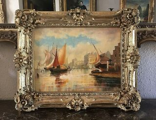 Antique Style Maritime Architectural Oil Painting Venice Harbor Signed Framed