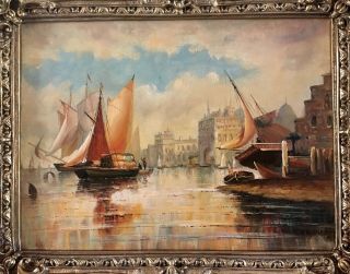 Antique Style Maritime Architectural Oil Painting Venice Harbor Signed Framed 2
