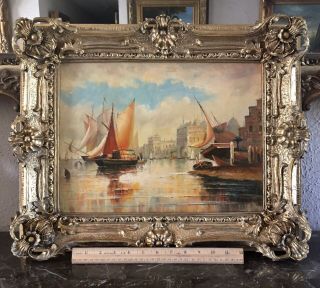 Antique Style Maritime Architectural Oil Painting Venice Harbor Signed Framed 3