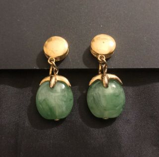 Vintage Crown Trifari Gold Tone Jade Green Glass Apple Earrings