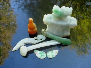 Group Of Antique Chinese Jade Carvings,  Belt Hook,  Vase Cover,  Comb Etc