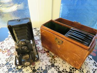 Antique German Atom Folding Camera Zeiss Lens With Case And Metal Plates Vgc