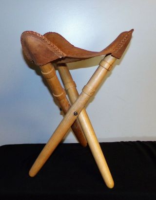Vintage 3 Legged Stool Tooled Leather Seat Camping / Fishing Stool