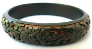 Vintage Chinese Carved Red & Black Cinnabar Bar Bangle Bracelet