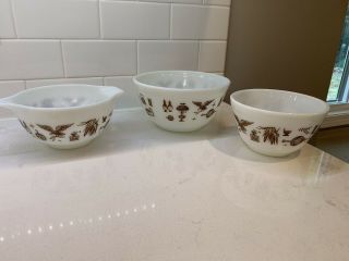Set Of 3 Vintage Pyrex Mixing Bowls White/brown Early American 401,  402,  441