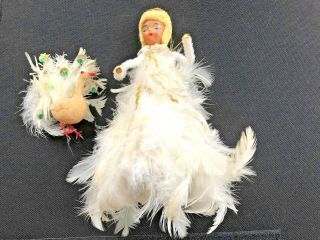 Vintage 1950s? White Feather Angel Tree Topper Celluloid Head Peacock Ornament