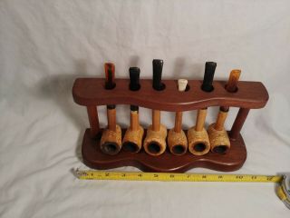 Vintage Set Of 6 Corn Cob Tobacco Pipes With Stand 2