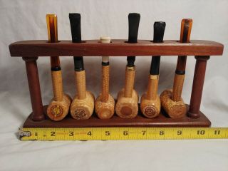 Vintage Set Of 6 Corn Cob Tobacco Pipes With Stand 3