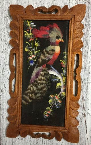 Vintage Mexican Feathercraft Feather Art Carved Wood Frame Tarascos Indians