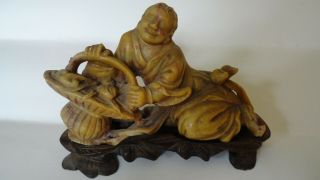 Antique Figurine Chinese Soapstone Buddha Fine Hand Carved Wood Base Basket Old