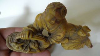 antique figurine chinese soapstone buddha fine hand carved wood base basket old 3