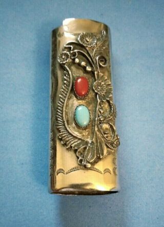 Vintage Southwestern Nickel Silver Turquoise & Coral Bic Lighter Case Cover