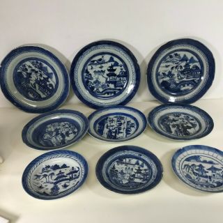 Group Of 9 Antique Chinese Porcelain Canton Blue & White Plates