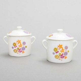Set Of 2 Vintage Apilco France Porcelain Sugar Bowl Pots With Lid Retro Flowers