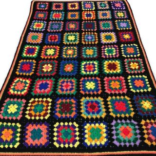 Vintage Handmade Granny Square Afghan Blanket Throw Knit Crocheted Multi - Colored