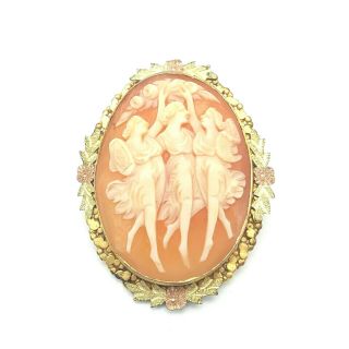Antique Three Graces Hand Carved Victorian Era 10k Gold Cameo Brooch And Pendant