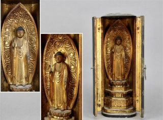 Old Japanese Japan,  Buddhism Jodo Shu Buddha Statue Amitaba & Zushi Box 29cm　紅