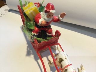 VINTAGE PLASTIC SANTA ' S SLEIGH WITH 4 REINDEER,  CAKE TOPPER? OR TOY 13 INCHES L 2